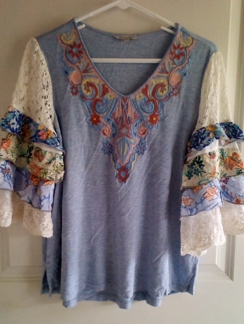 John Mark Light Blue Embroidered V-Neck Tunic with Floral Ruffle Sleeves